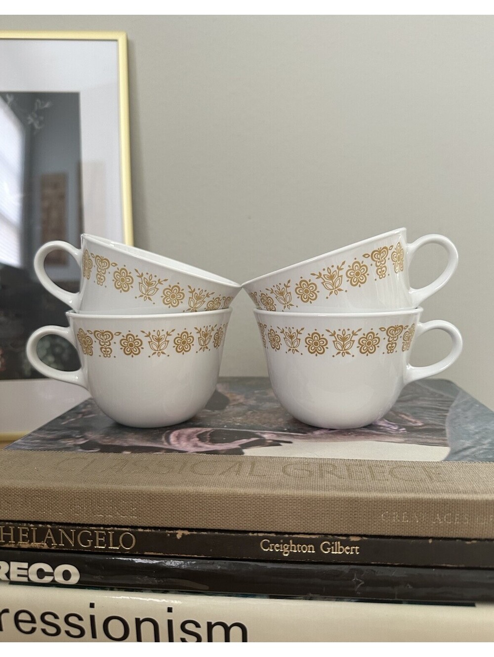 Vintage Corelle Gold Butterfly Livingware Tea Coffee Cups Mugs Set Of 4